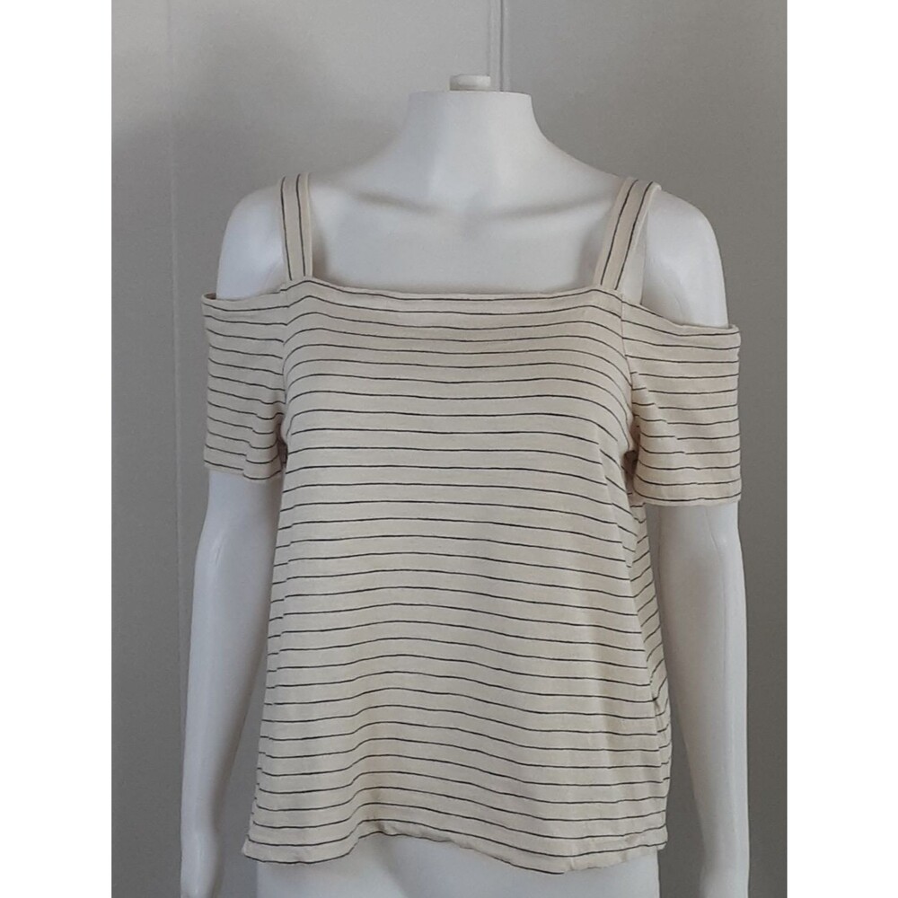 Madewell Bellamy 100% Cotton Cold-Shoulder Ivory | Black Striped Crop Top Sz L